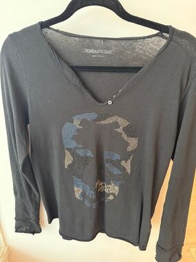 Zadig & Voltaire Black Long-Sleeve Skull Tee with Blue & Gold Rhinestones Small